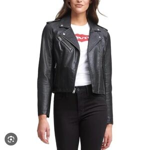 Women's Black Faux Leather Moto Jacket with Silver Hardware